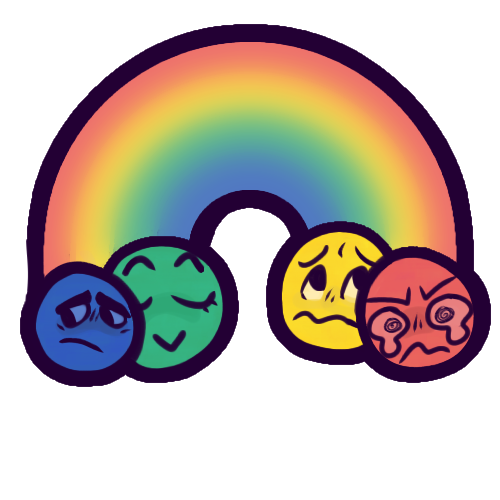 A drawing of an arced rainbow consisting of a red, yellow, green, and blue gradient. At the ends on the rainbow are four emoji-like faces (two on each side): A blue sad and tired face, a green, happy and calm face, a yellow nervous face, and a red angry crying face. 